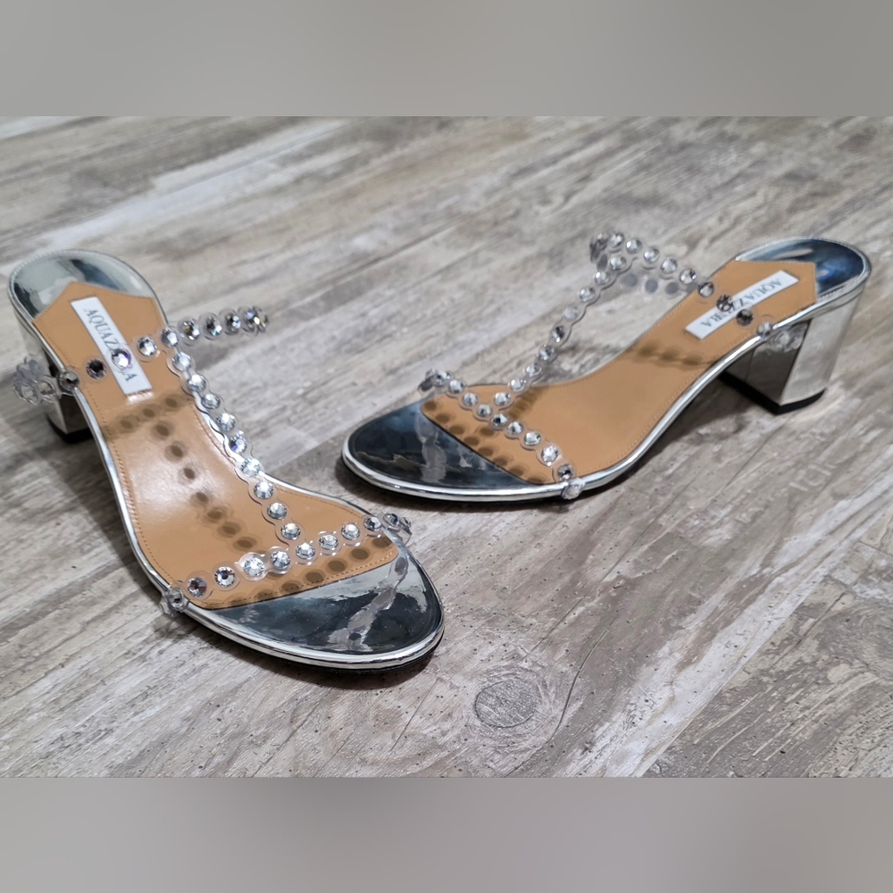 Aquazzura Sandals Tequila Crystal (Reconditioned) Blingy Block Heel Size 12 - Picture 3 of 14